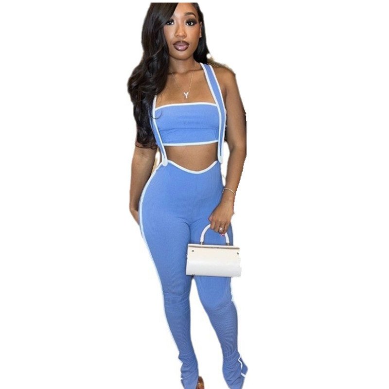 Ribbed Women's sets Athletic Wear Patchwork Streetwear Jumpsuit With Tube Top 2 Piece Tweed Set Women Summer