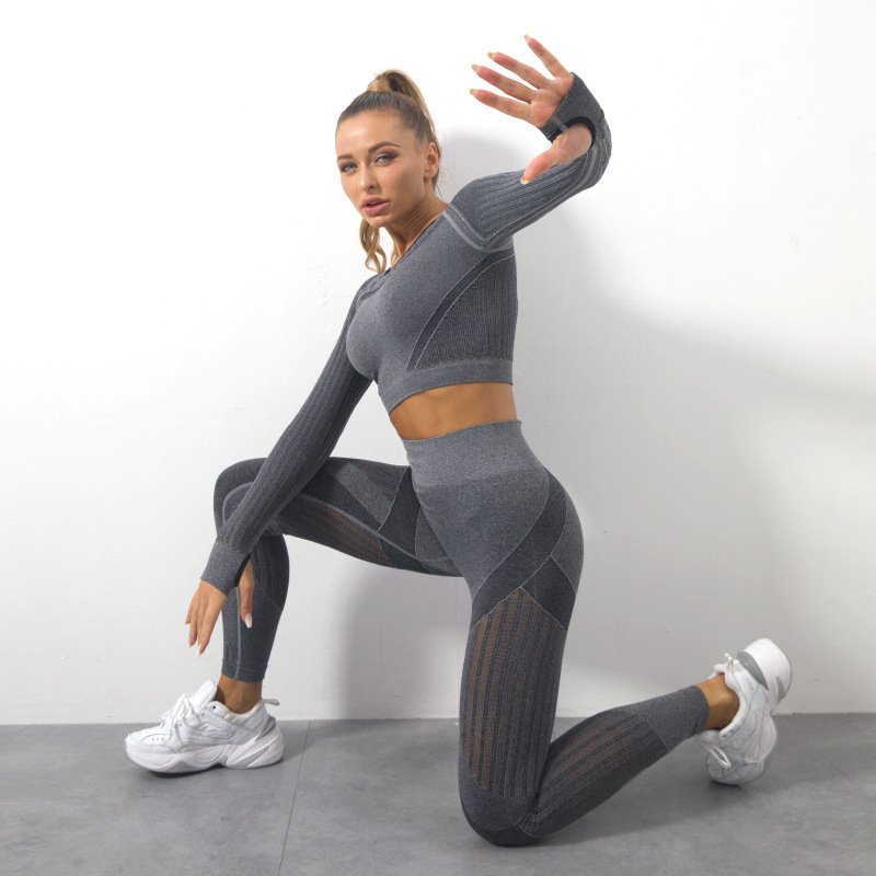 Wholesale Women Hollow Seamless Long Sleeve 2-Piece Yoga Set Lift Hip Yoga Pants And Sports Bra Gym Bottom Running Leggings