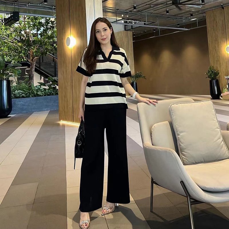 New Fashion Turn-Down Collar Stripe Tops Pure Color Long Pants Casual Women's sets street