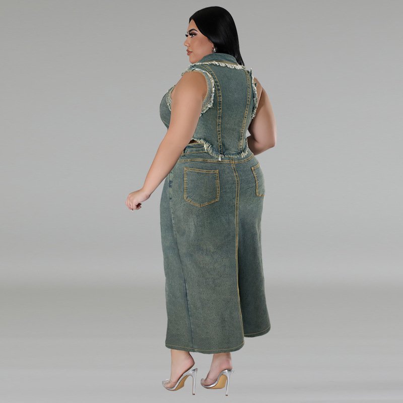 Y218380 Plus Size Women's Denim Set Short Sleeve Tassel Zipper Top And Split Long Denim Skirt Set 2 Piece Outfits For Women