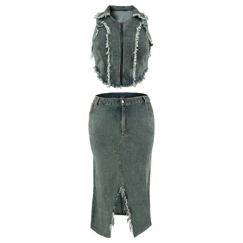 Y218380 Plus Size Women's Denim Set Short Sleeve Tassel Zipper Top And Split Long Denim Skirt Set 2 Piece Outfits For Women
