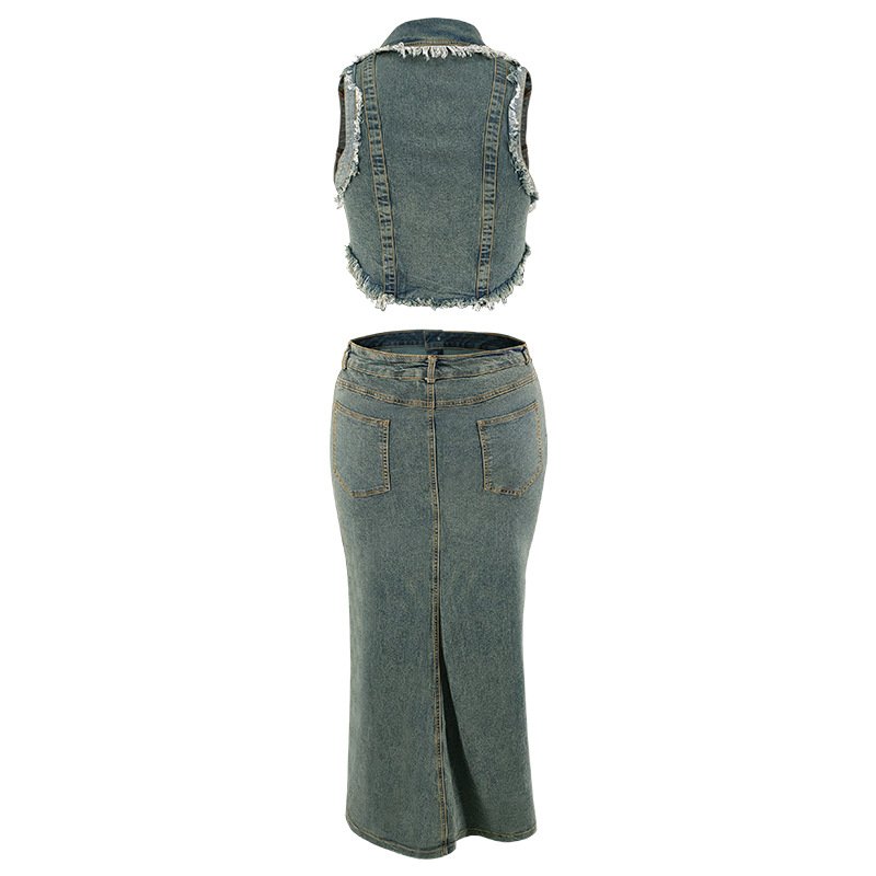 Y218380 Plus Size Women's Denim Set Short Sleeve Tassel Zipper Top And Split Long Denim Skirt Set 2 Piece Outfits For Women