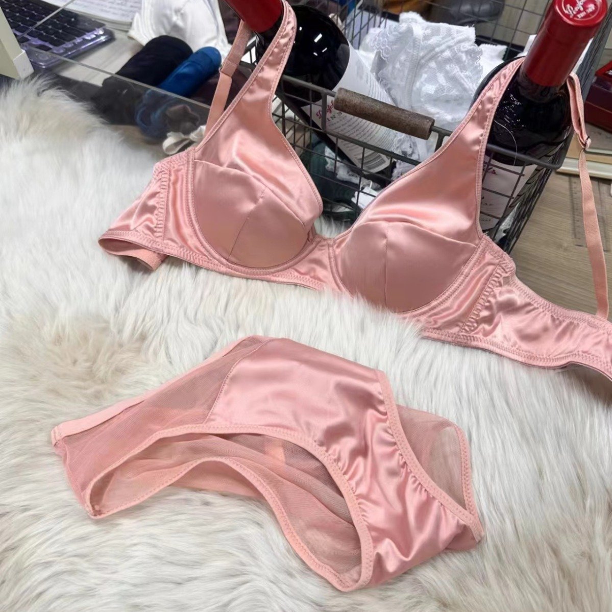 New French Tin-poly underwear summer thin traceless solid color with underwire tin-bra underwear women's set
