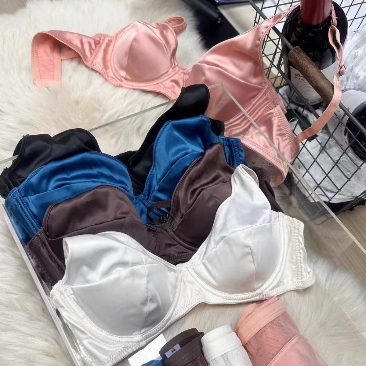 New French Tin-poly underwear summer thin traceless solid color with underwire tin-bra underwear women's set