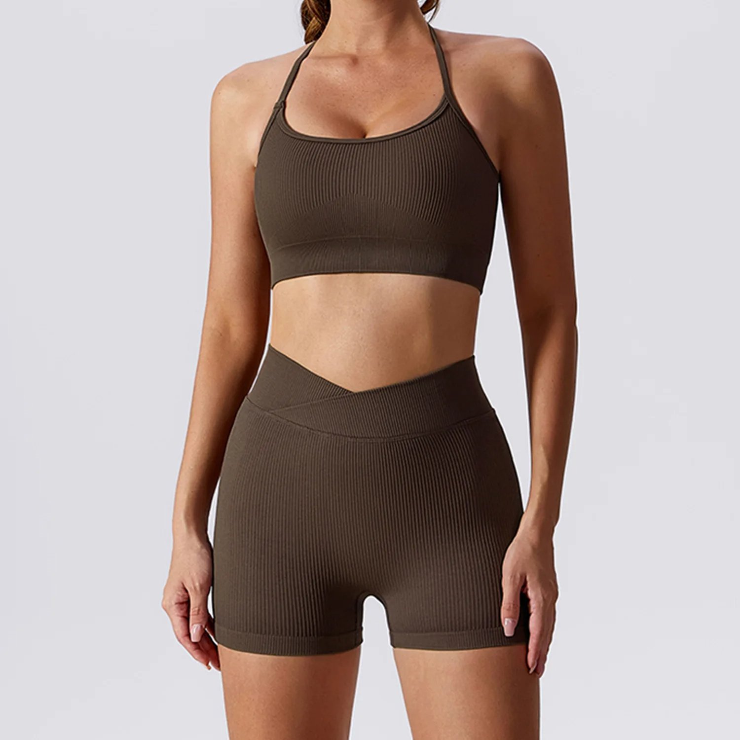 Women Halter Bra High Waist Shorts Yoga Suit Lady Spaghetti Strap Top Bound Feet Pant Gym Suit Female Solid Color Sports Sets