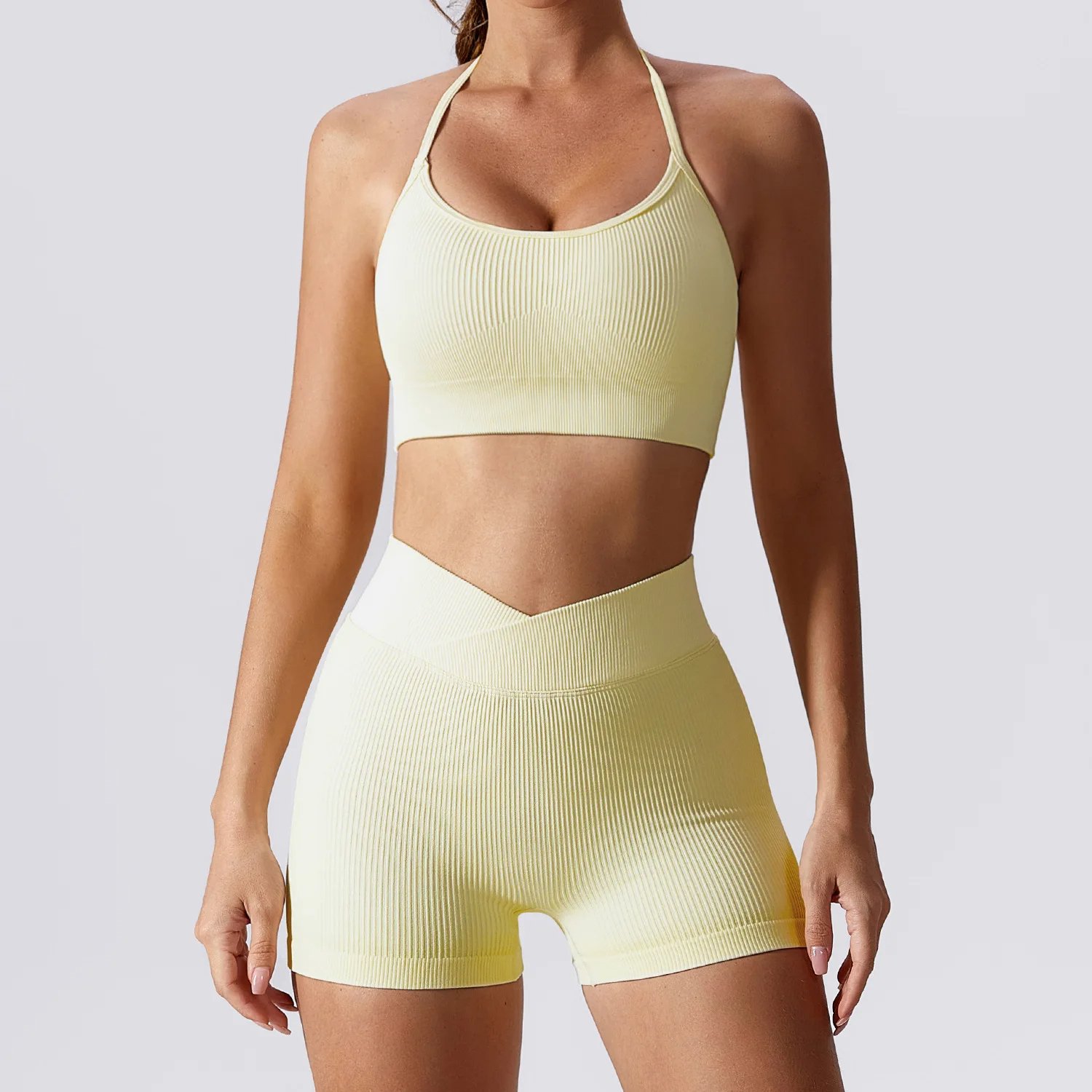 Women Halter Bra High Waist Shorts Yoga Suit Lady Spaghetti Strap Top Bound Feet Pant Gym Suit Female Solid Color Sports Sets