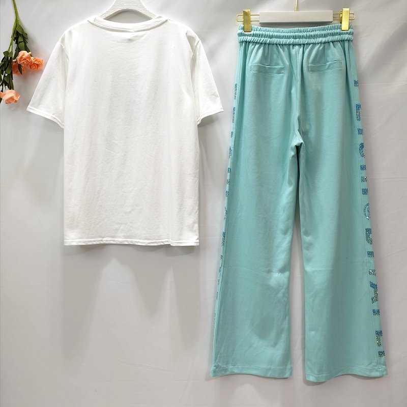 Summer Rhinestone Tracksuit Women Two Piece Pants Set Printed Tshirt Top And Pants Set