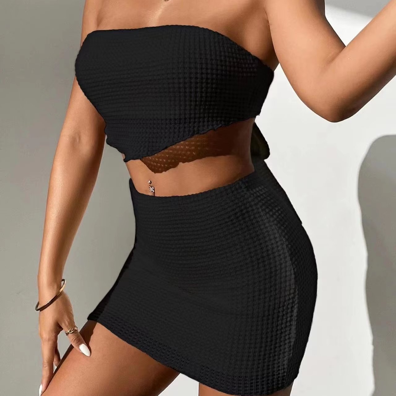 2024 New Sexy Wholesale Lacing Knitted Suit Two-Piece Terylene Luxury Women'S Vests Sets Suit