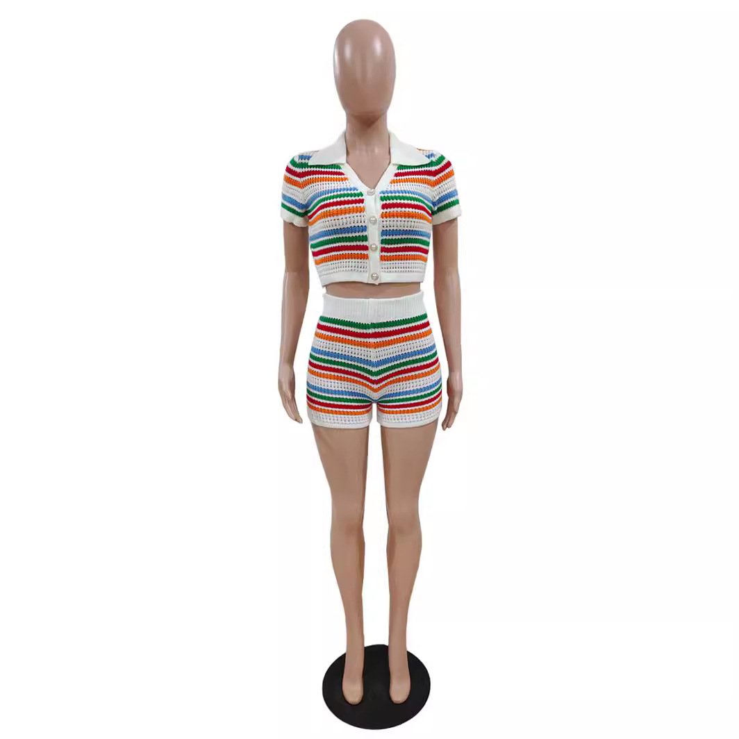 Summer New Arrival Women Patchwork Turn Down Collar Crop Top And Short Sets Women 2 Piece Short Sets