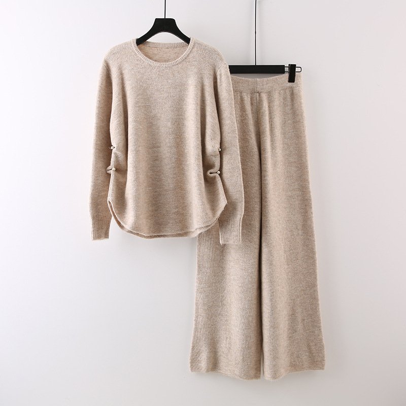 Boutique Wholesale 2024 Autumn New Fashion Round Neck Sweater Loose Knitted Wide Leg Pants Women's Set
