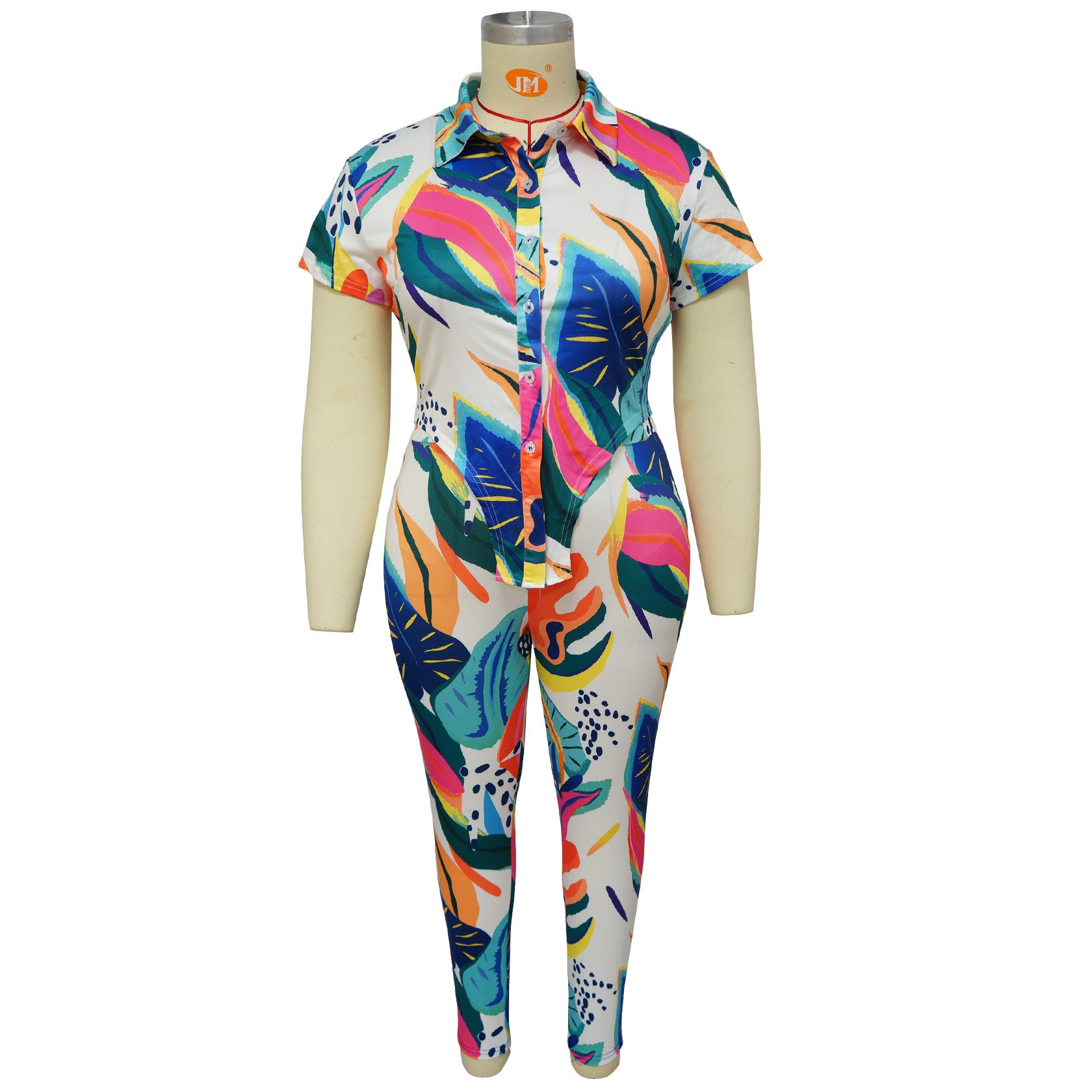 Fashion casual plus size women's clothing printing 2023 summer short sleeved shirt top two piece pants set women elegant