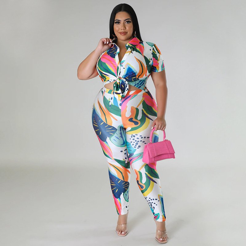 Fashion casual plus size women's clothing printing 2023 summer short sleeved shirt top two piece pants set women elegant