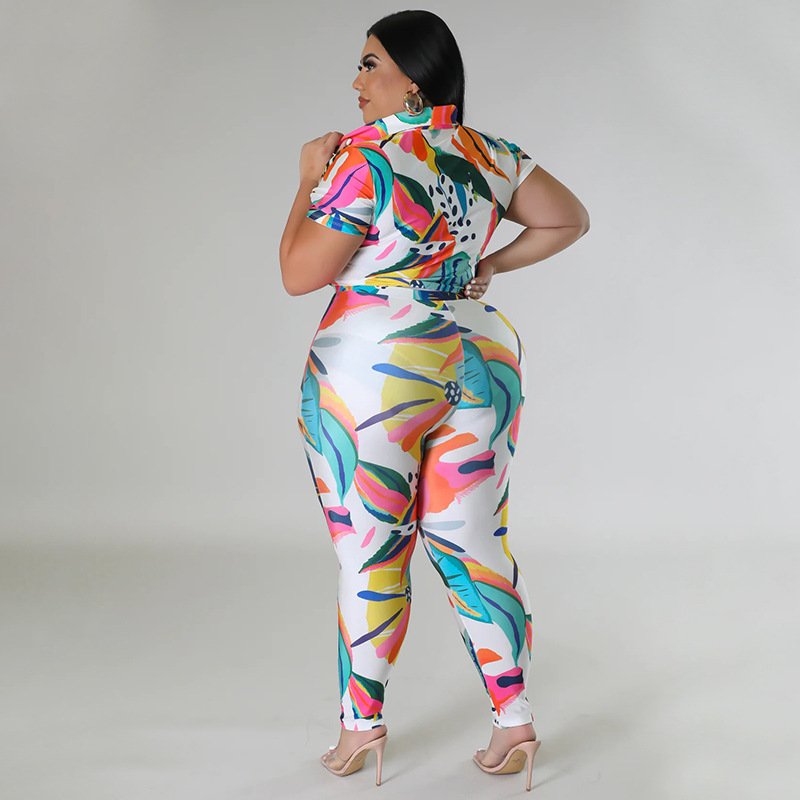 Fashion casual plus size women's clothing printing 2023 summer short sleeved shirt top two piece pants set women elegant