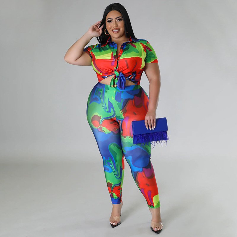 Fashion casual plus size women's clothing printing 2023 summer short sleeved shirt top two piece pants set women elegant