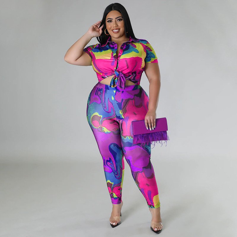 Fashion casual plus size women's clothing printing 2023 summer short sleeved shirt top two piece pants set women elegant