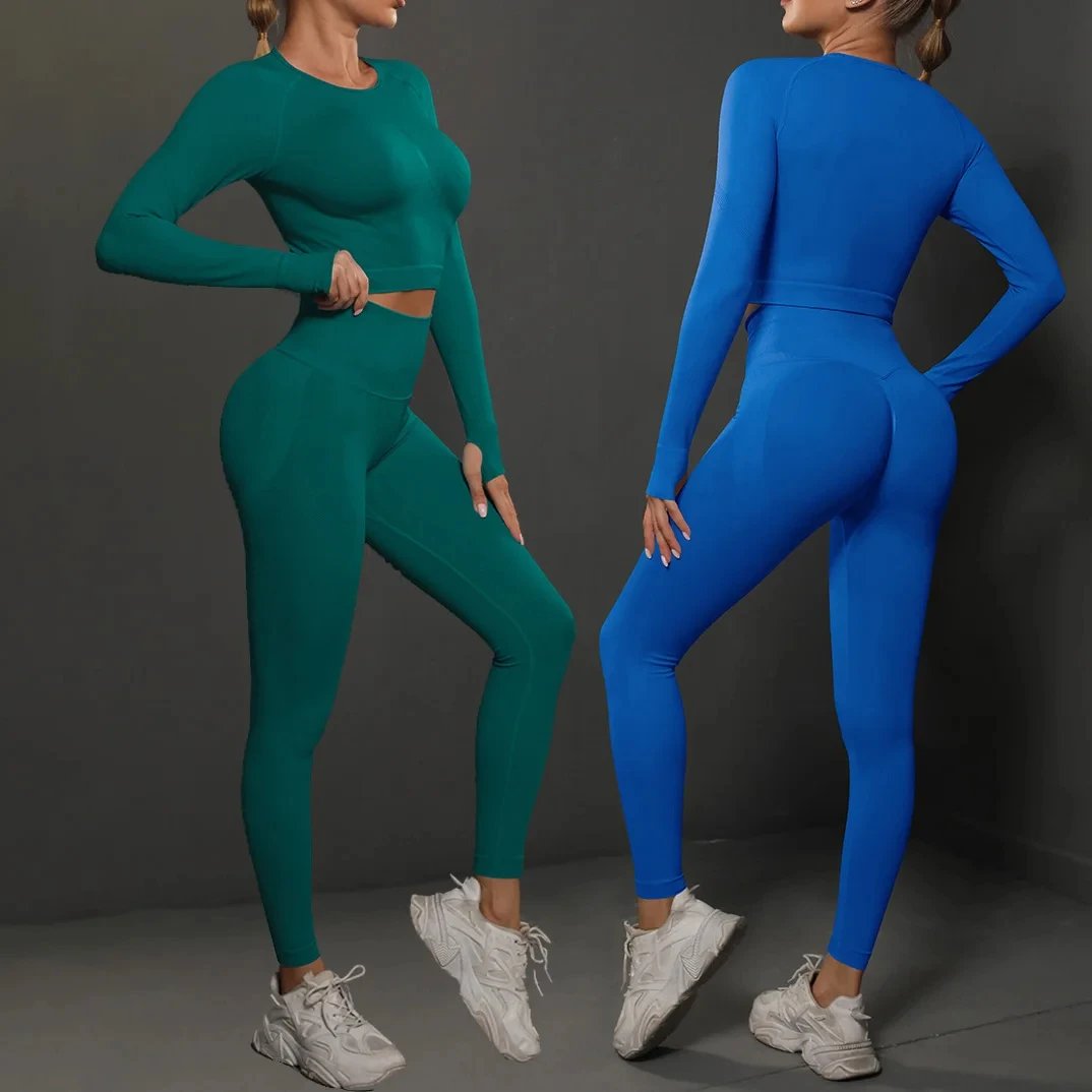 2 Pieces Seamless Women Yoga Set Workout Sportswear Gym Clothing Fitness Long Sleeve Crop Top High Waist Leggings Sports Suits