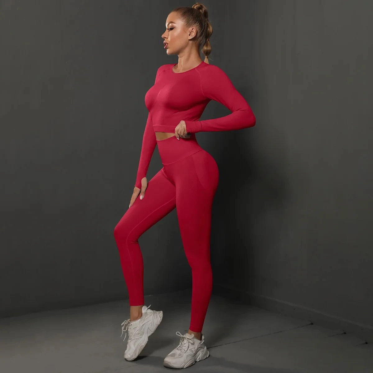 2 Pieces Seamless Women Yoga Set Workout Sportswear Gym Clothing Fitness Long Sleeve Crop Top High Waist Leggings Sports Suits