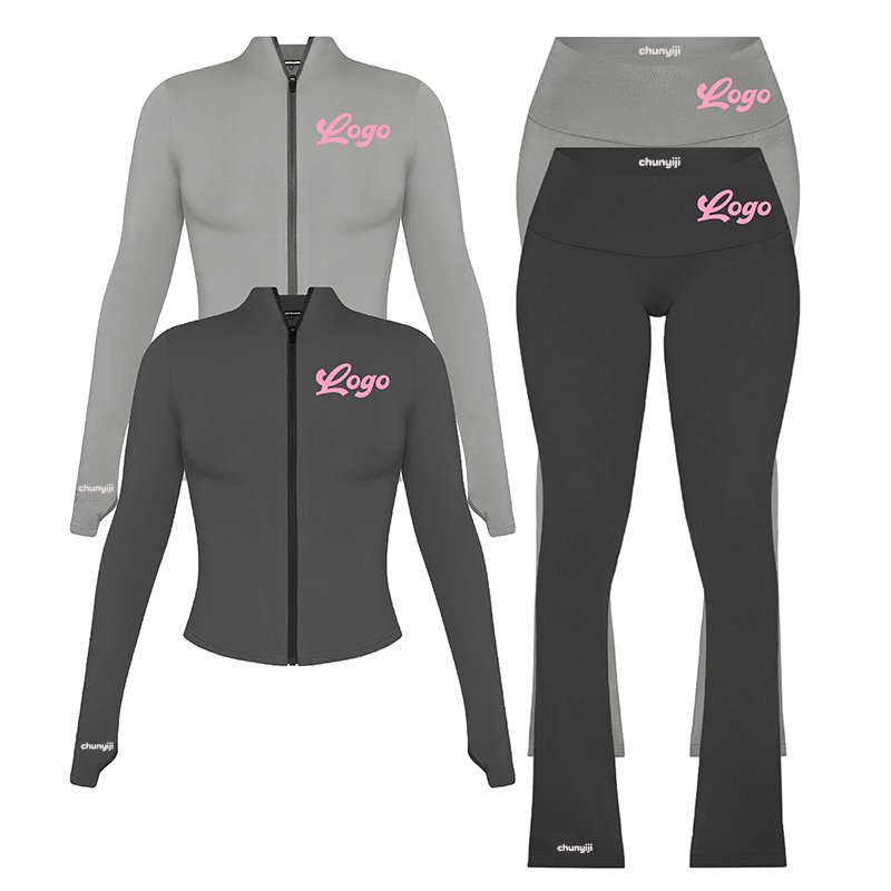 Manufacturer Custom Women Two Piece Sets 2024 Viscose Jersey Basic Loungewear Set Zip Thumb Hole Jacket Top Flare Pants
