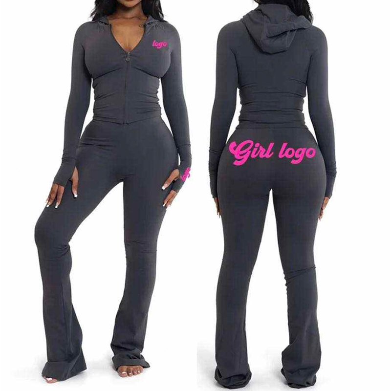 Manufacturer Custom Women Two Piece Sets 2024 Viscose Jersey Basic Loungewear Set Zip Thumb Hole Jacket Top Flare Pants