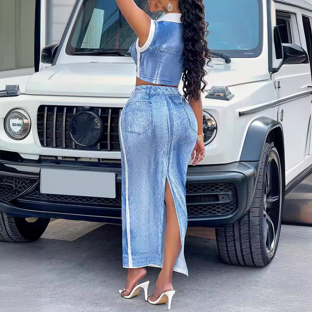 Summer women's sets lapel bind denim dresses Cowboys print women's dress set