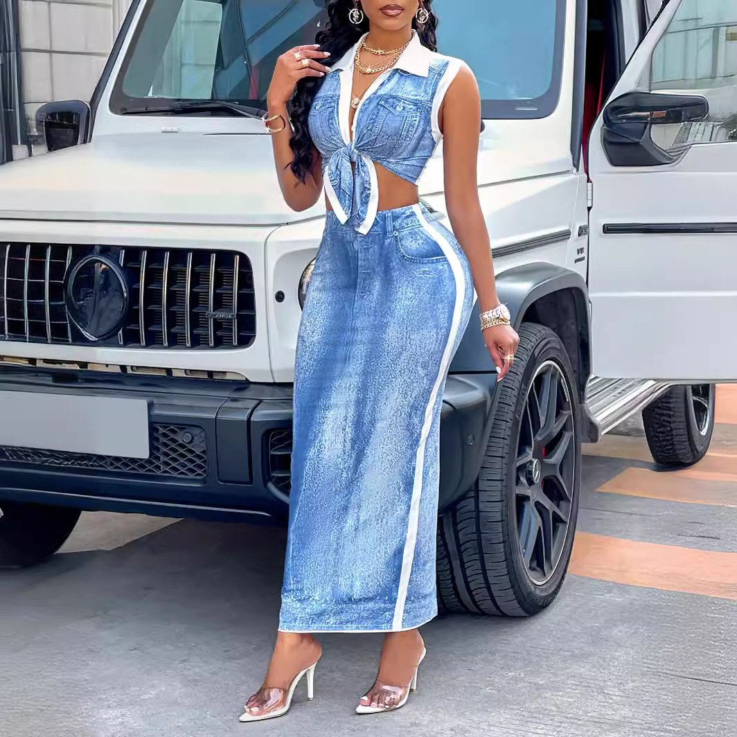 Summer women's sets lapel bind denim dresses Cowboys print women's dress set
