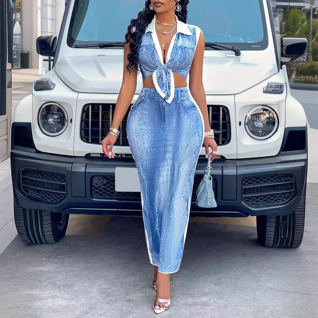 Summer women's sets lapel bind denim dresses Cowboys print women's dress set