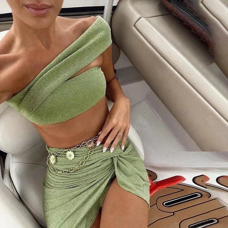 Europe and America 2023 Spring women's clothes New Fbackless top set waist crop top solid women's skirts