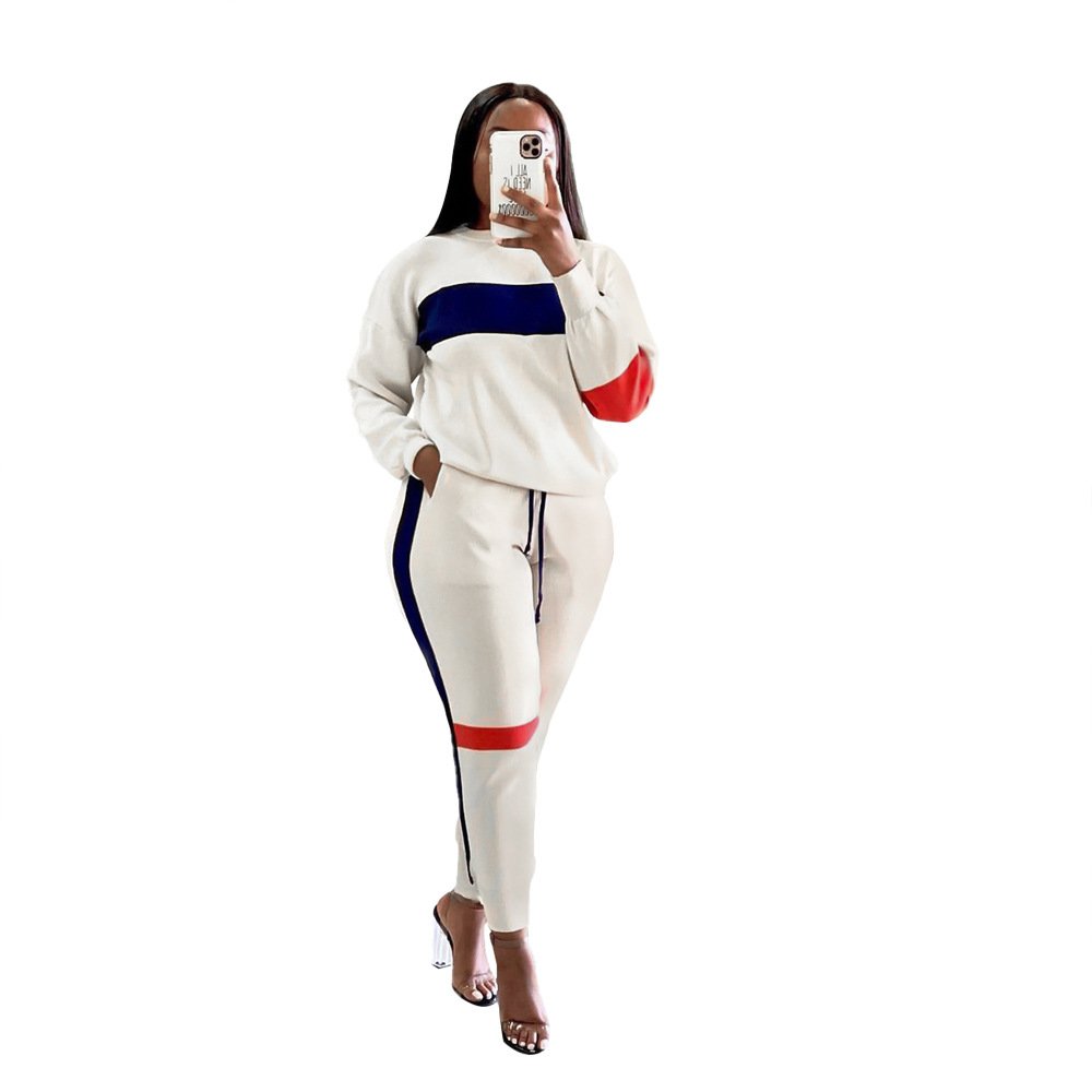 Summer Sportswear Jogger Sweatshirt Color Blocking Stripe Suit Sports Long Sleeve Casual Women's Tracksuit Two Piece Set