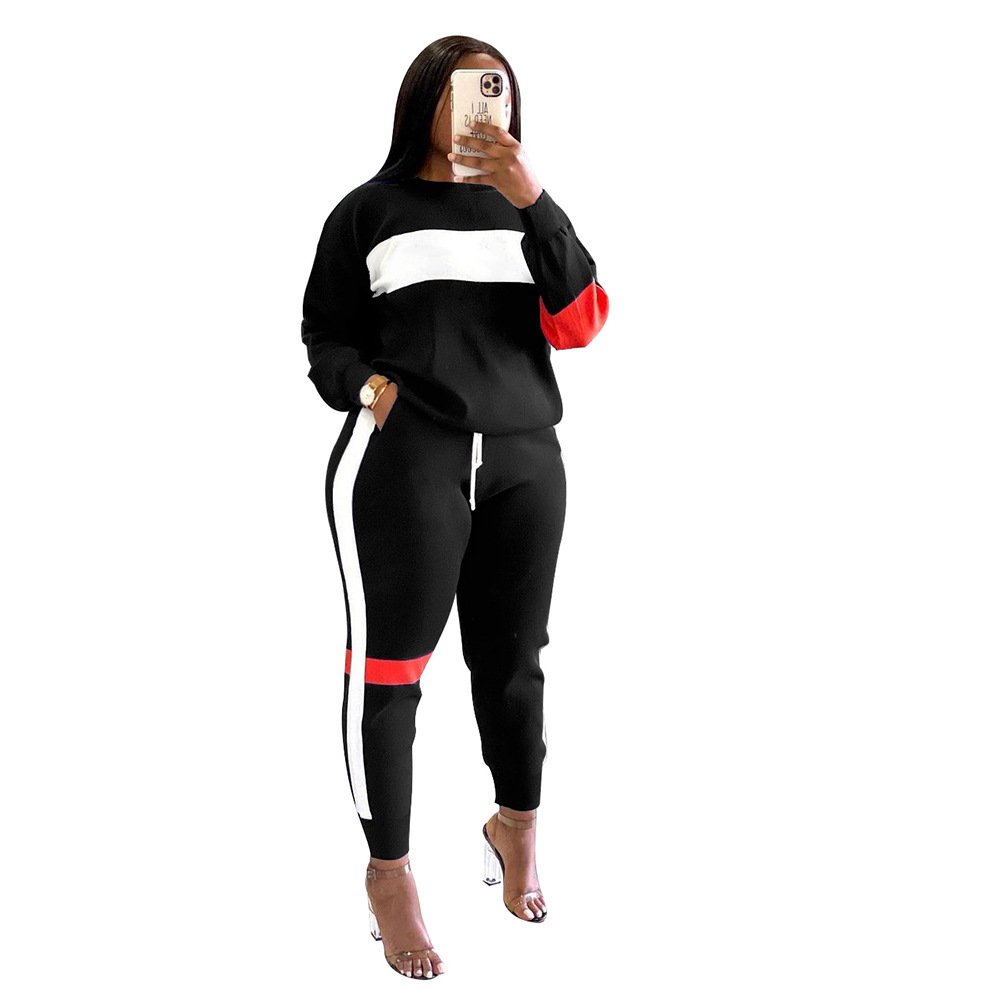 Summer Sportswear Jogger Sweatshirt Color Blocking Stripe Suit Sports Long Sleeve Casual Women's Tracksuit Two Piece Set