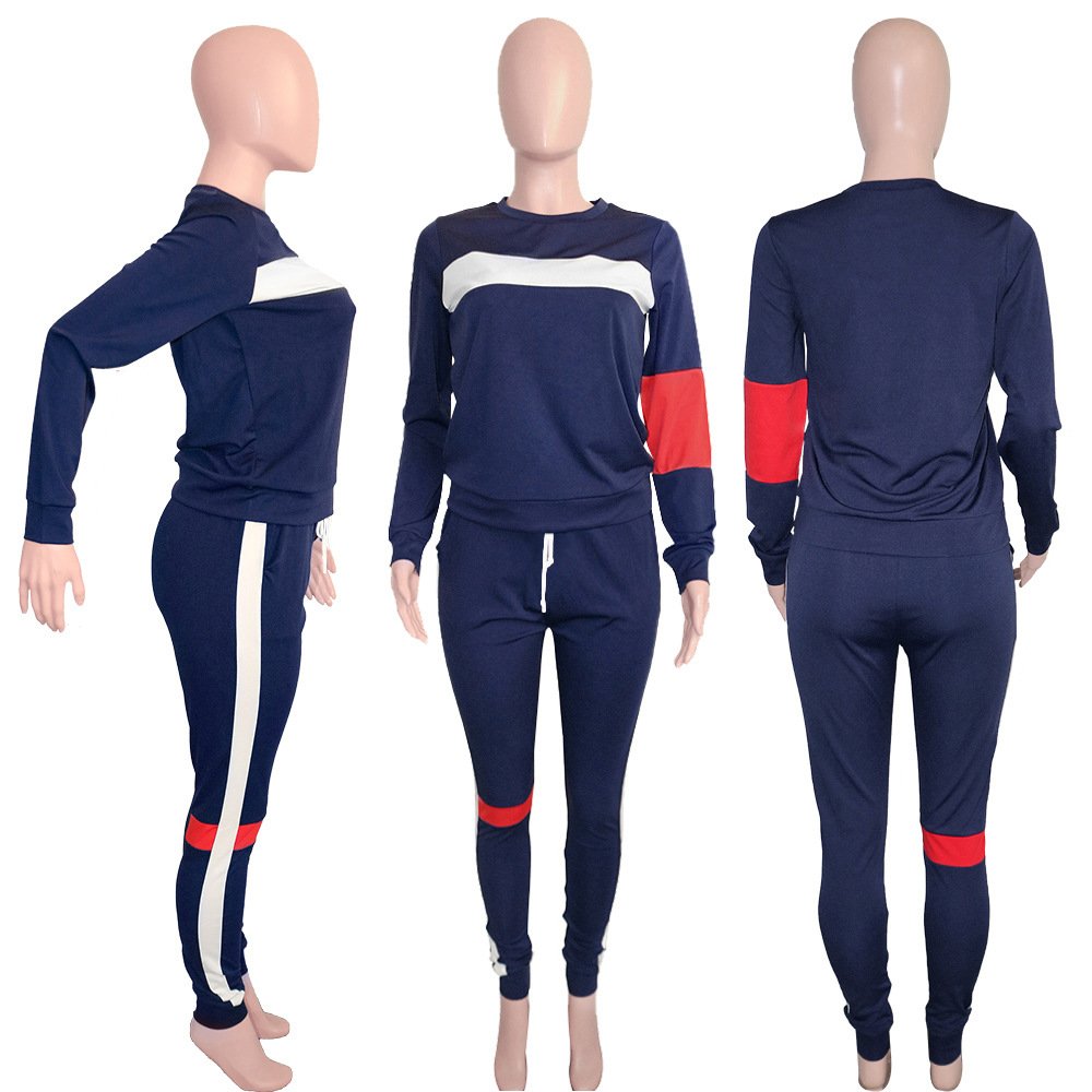 Summer Sportswear Jogger Sweatshirt Color Blocking Stripe Suit Sports Long Sleeve Casual Women's Tracksuit Two Piece Set