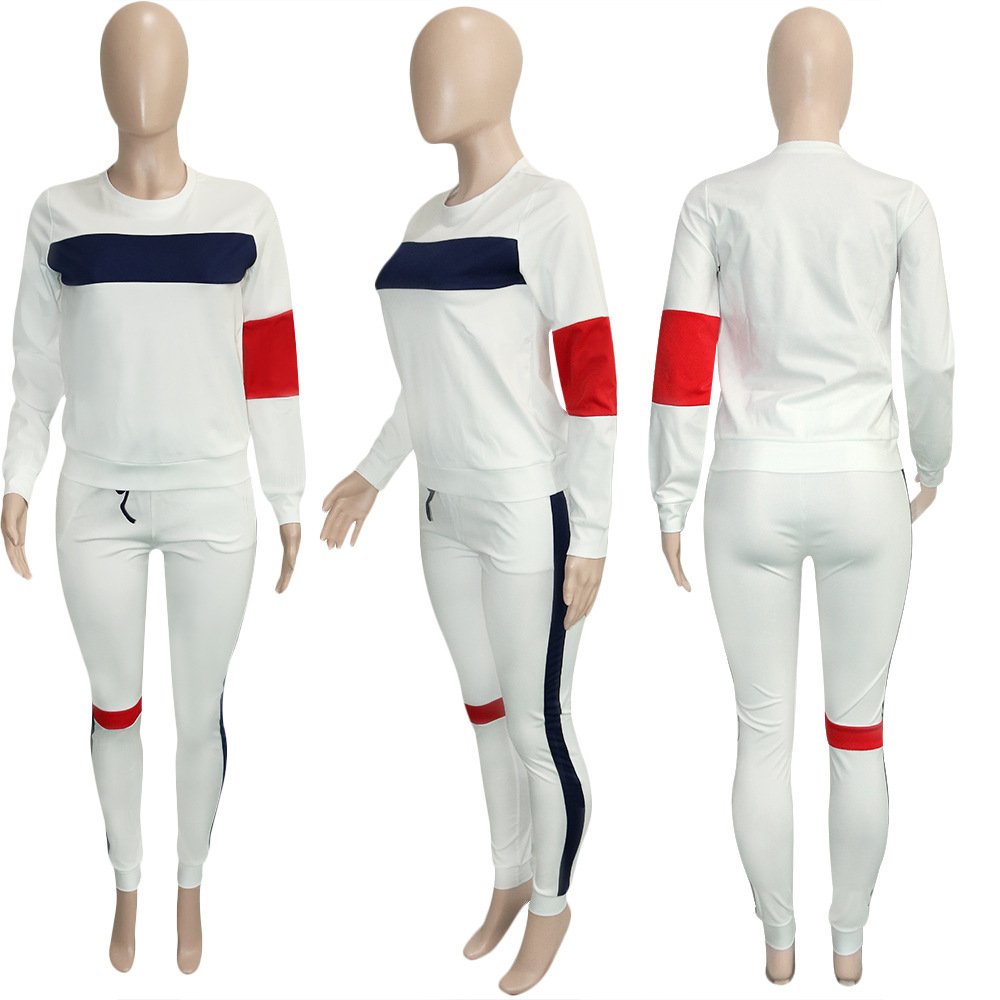 Summer Sportswear Jogger Sweatshirt Color Blocking Stripe Suit Sports Long Sleeve Casual Women's Tracksuit Two Piece Set