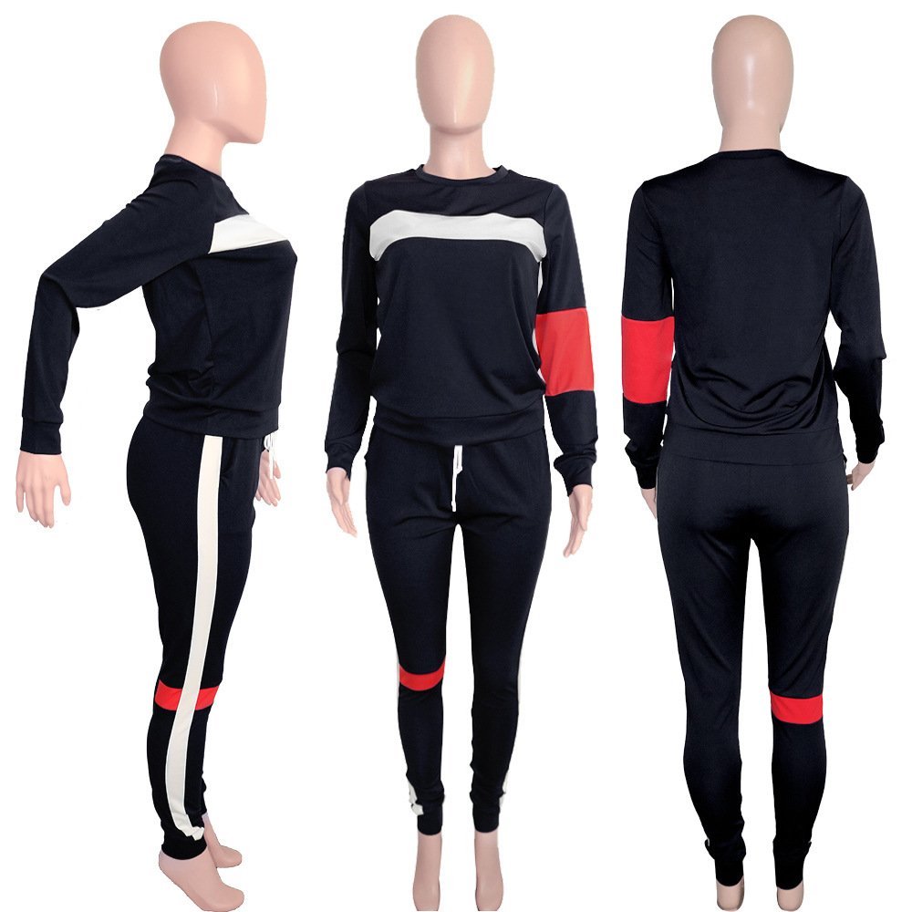 Summer Sportswear Jogger Sweatshirt Color Blocking Stripe Suit Sports Long Sleeve Casual Women's Tracksuit Two Piece Set