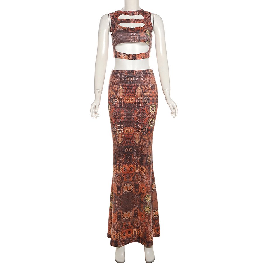 Kliou K24S53306 printed 2 piece set women casual sleeveless round neck maxi skirt sets bodycon hollow out women's sets