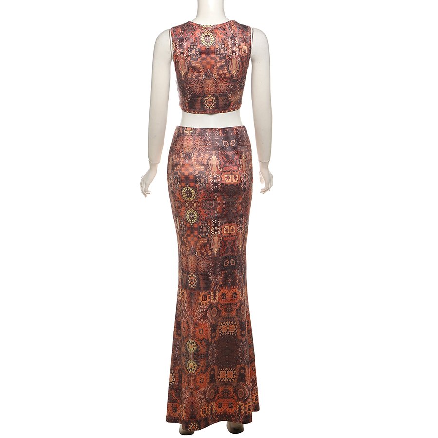Kliou K24S53306 printed 2 piece set women casual sleeveless round neck maxi skirt sets bodycon hollow out women's sets