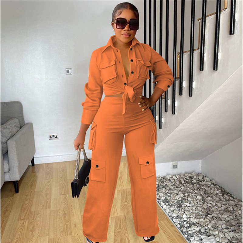 New Arrival Women 2 Piece Crop Top Cargo Wide Leg Pants Jogger Set Blank Pocket Outfit Two Piece Sets Women's Clothing Fall 2023