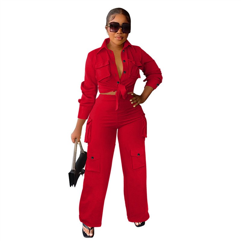 New Arrival Women 2 Piece Crop Top Cargo Wide Leg Pants Jogger Set Blank Pocket Outfit Two Piece Sets Women's Clothing Fall 2023