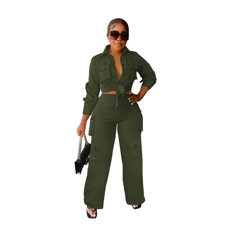 New Arrival Women 2 Piece Crop Top Cargo Wide Leg Pants Jogger Set Blank Pocket Outfit Two Piece Sets Women's Clothing Fall 2023