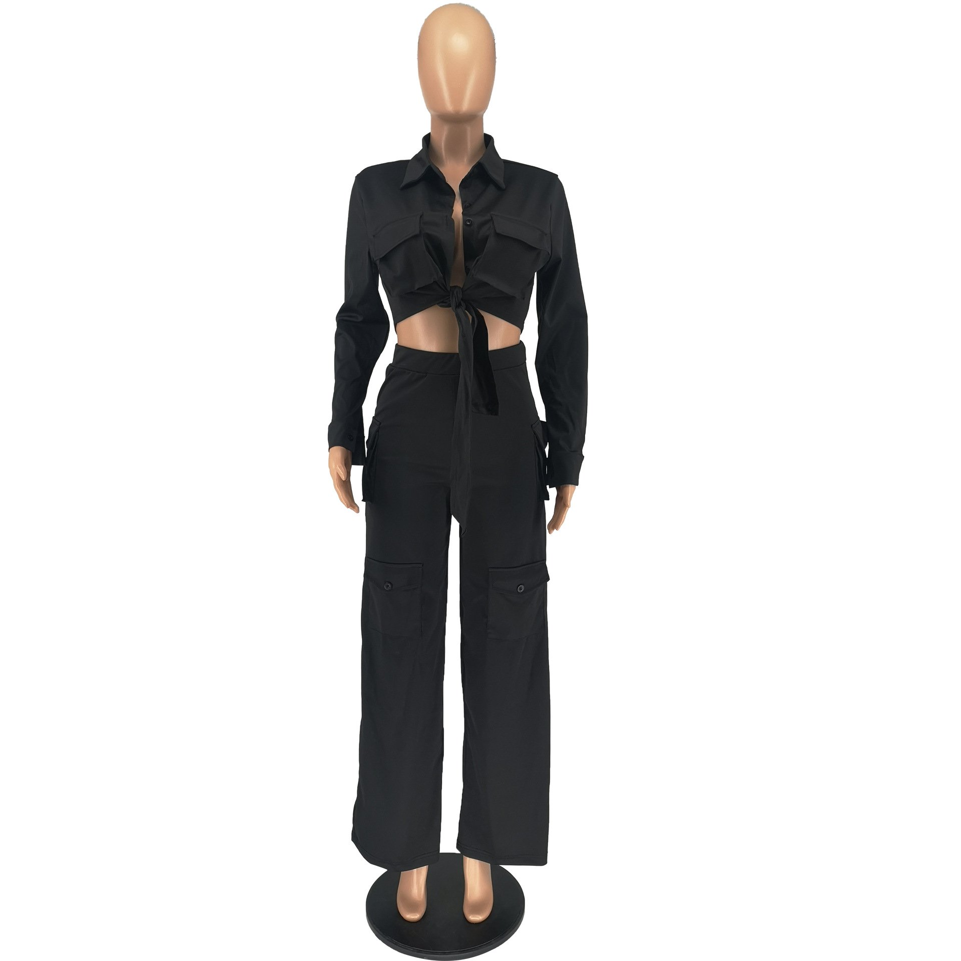 New Arrival Women 2 Piece Crop Top Cargo Wide Leg Pants Jogger Set Blank Pocket Outfit Two Piece Sets Women's Clothing Fall 2023
