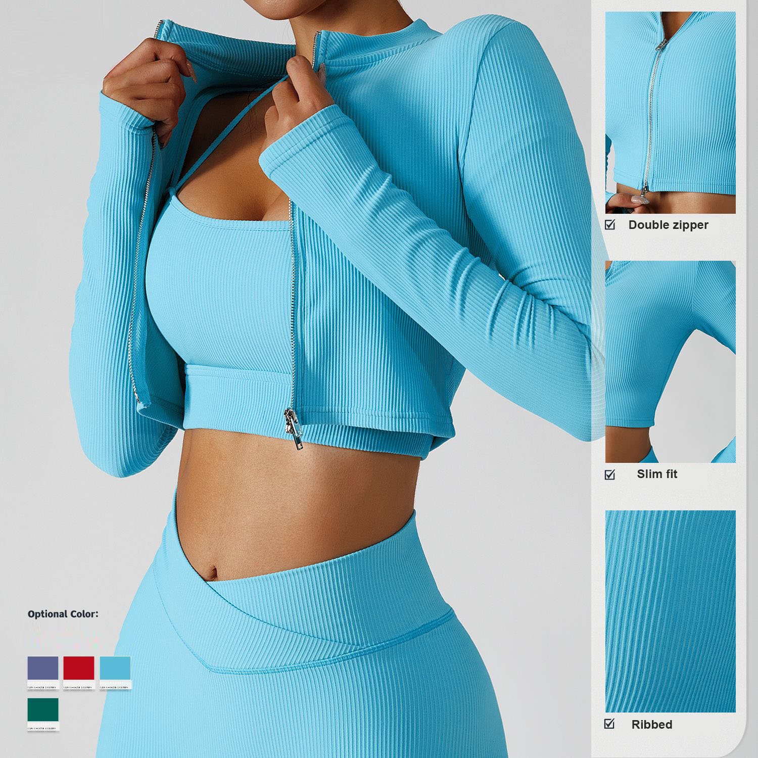 Lcool Fitness Workout Clothing Apparel Ribbed Sports bra Crop top jacket and leggings set 3 pieces set Active Wear