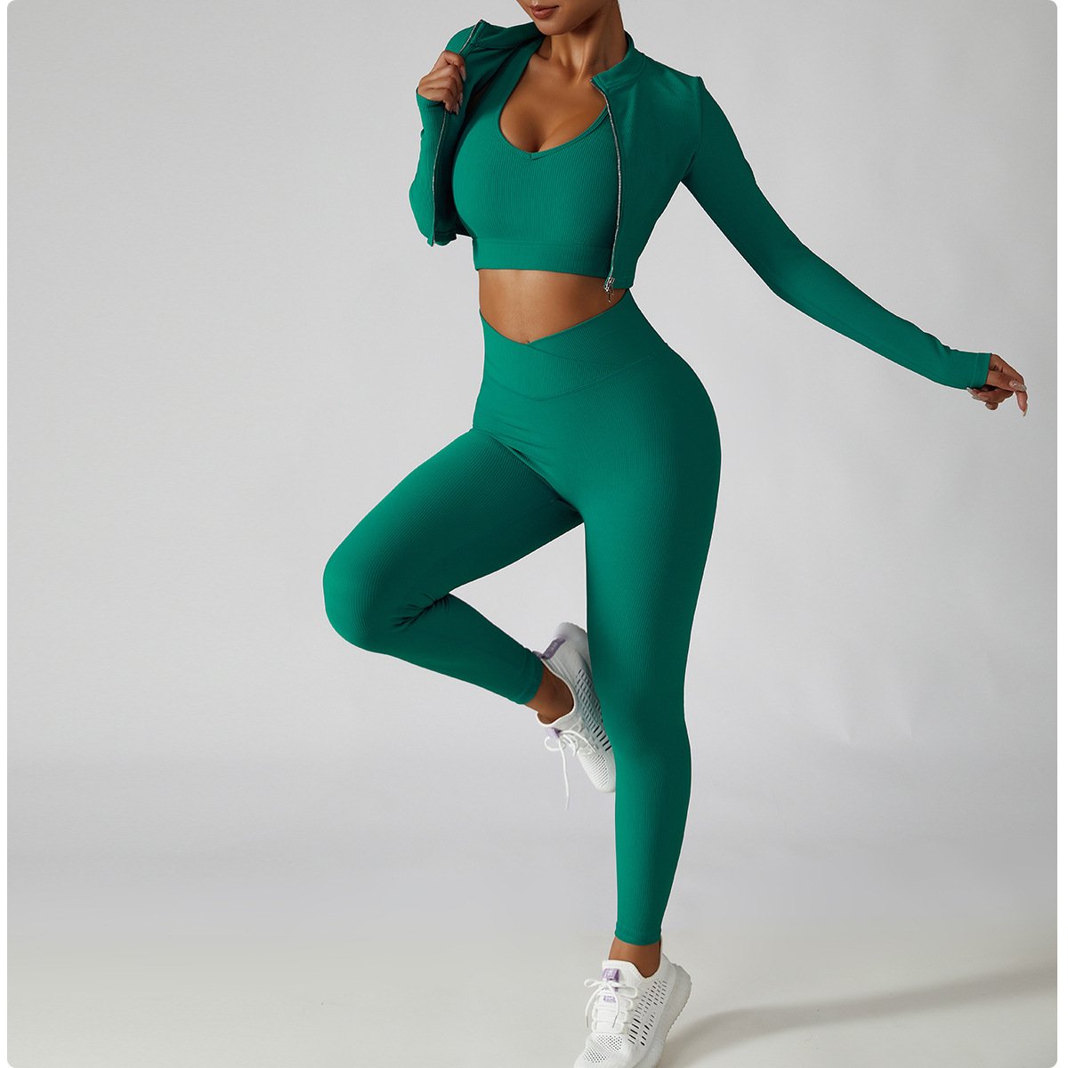 Lcool Fitness Workout Clothing Apparel Ribbed Sports bra Crop top jacket and leggings set 3 pieces set Active Wear