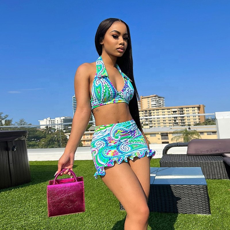 JY summer 2024 casual print V-neck sleeveless crop top and short skirt 2 piece set bodycon sexy fashion women's set