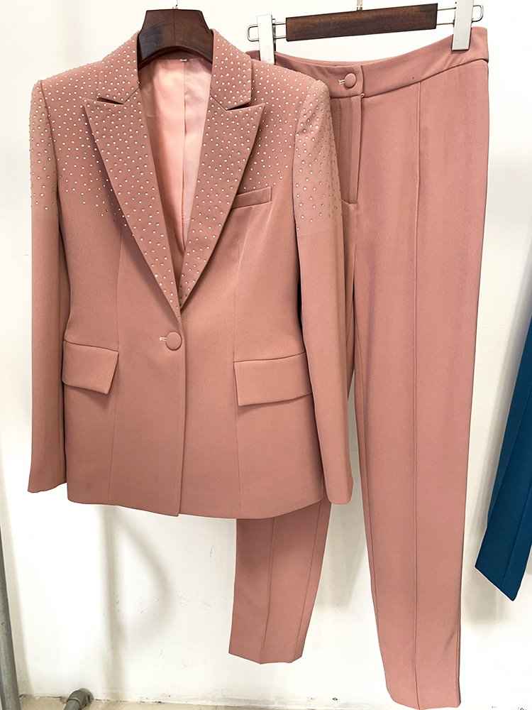 HIGH STREET Newest 2023 S/S Career Fashion Designer Suit Set Women's Elegant Single Button Diamonds Beaded Blazer Pants Suit