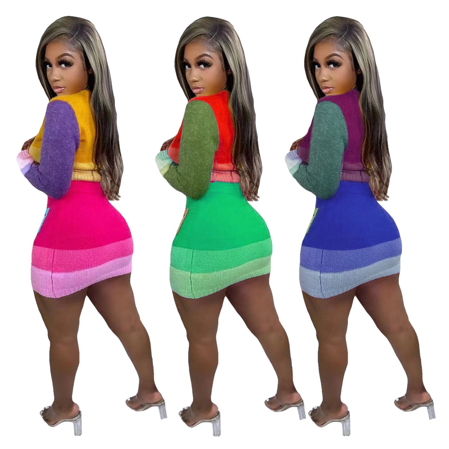 Fashion Fall Casual Knit Color Blocking Patchwork Long Sleeve Crop Top Crochet Womens Skirts Two Piece Women'S Sets
