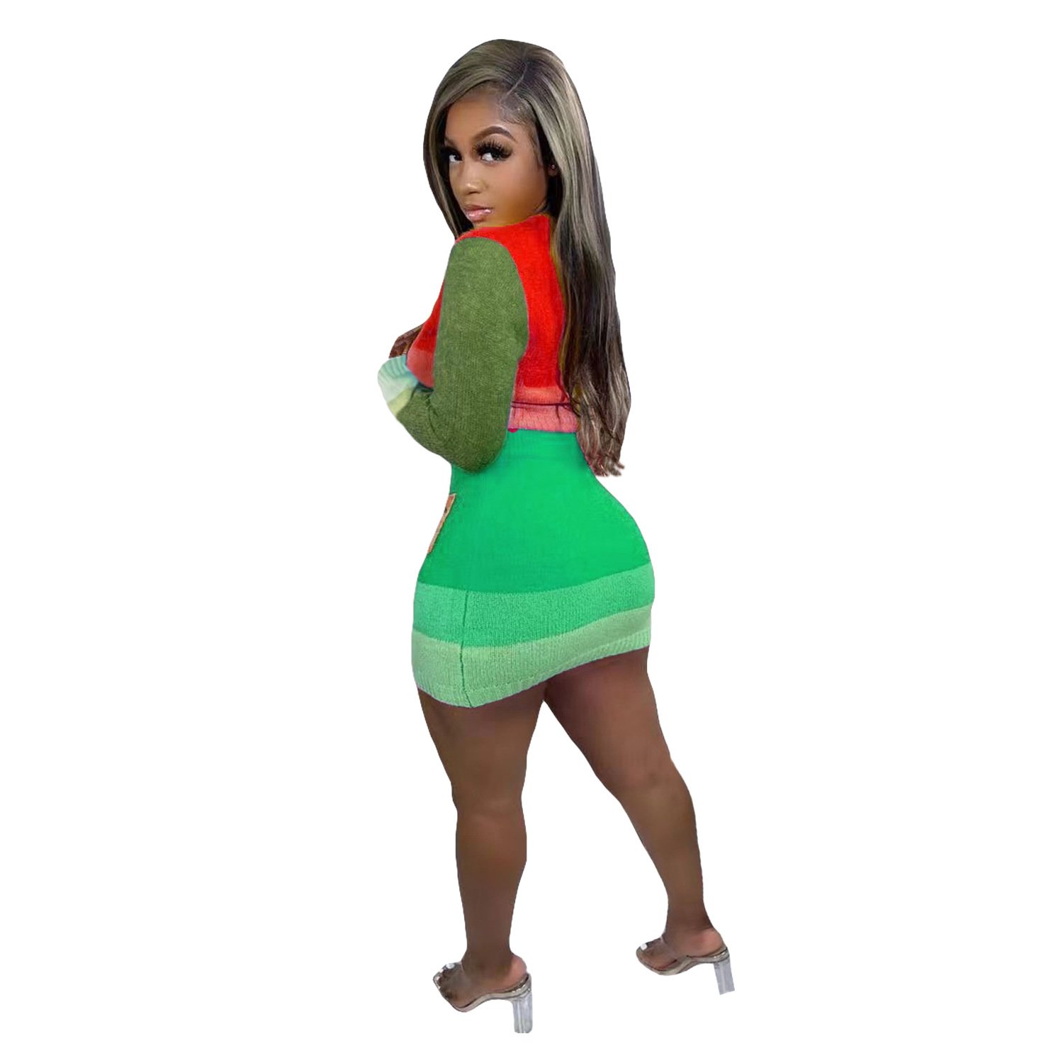Fashion Fall Casual Knit Color Blocking Patchwork Long Sleeve Crop Top Crochet Womens Skirts Two Piece Women'S Sets