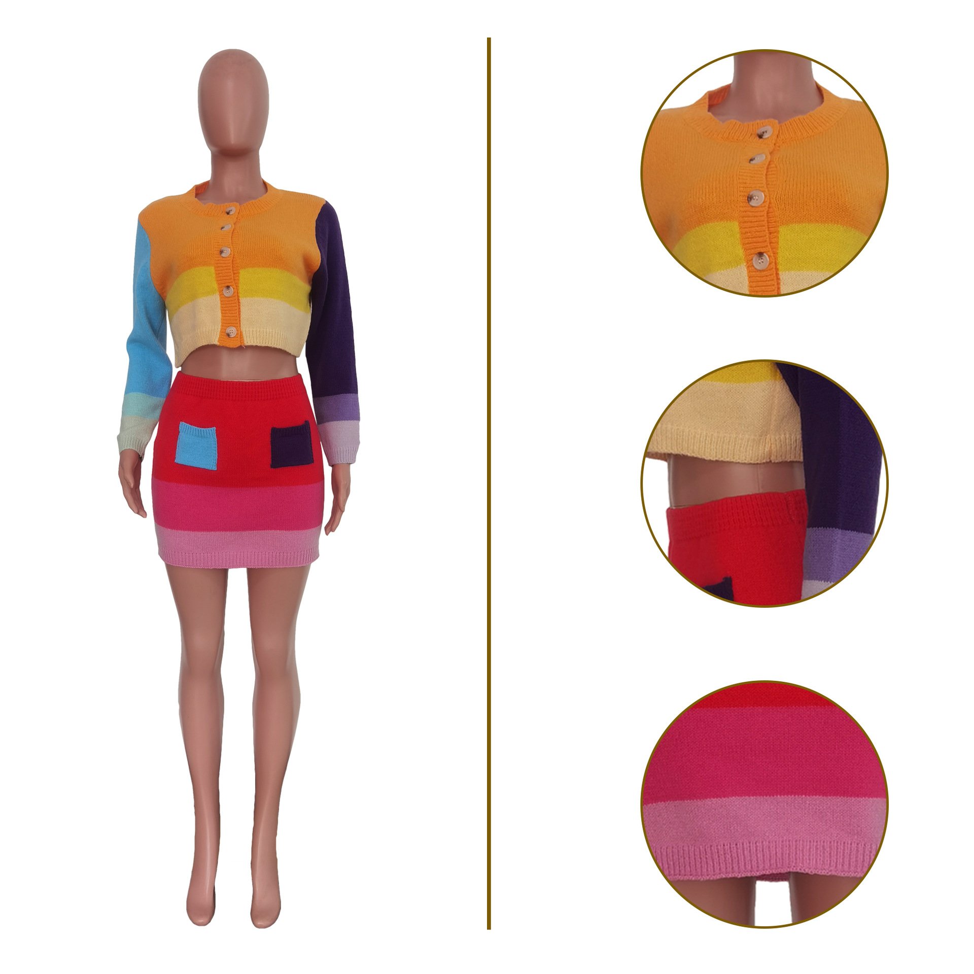Fashion Fall Casual Knit Color Blocking Patchwork Long Sleeve Crop Top Crochet Womens Skirts Two Piece Women'S Sets