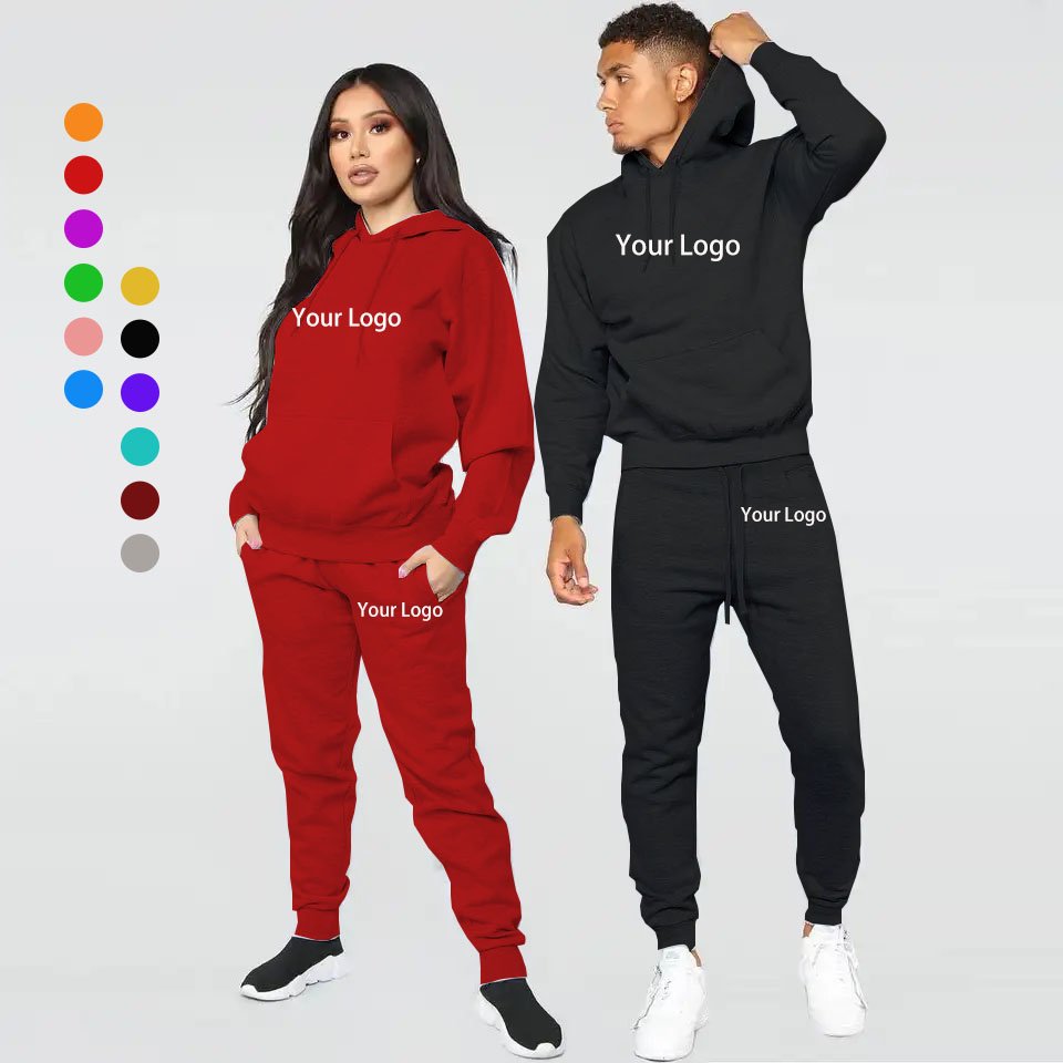 High Quality Custom Logo Two Piece Suits Solid Color Plain Tracksuit Hoodie Men Sweatsuit Sets women's clothing set