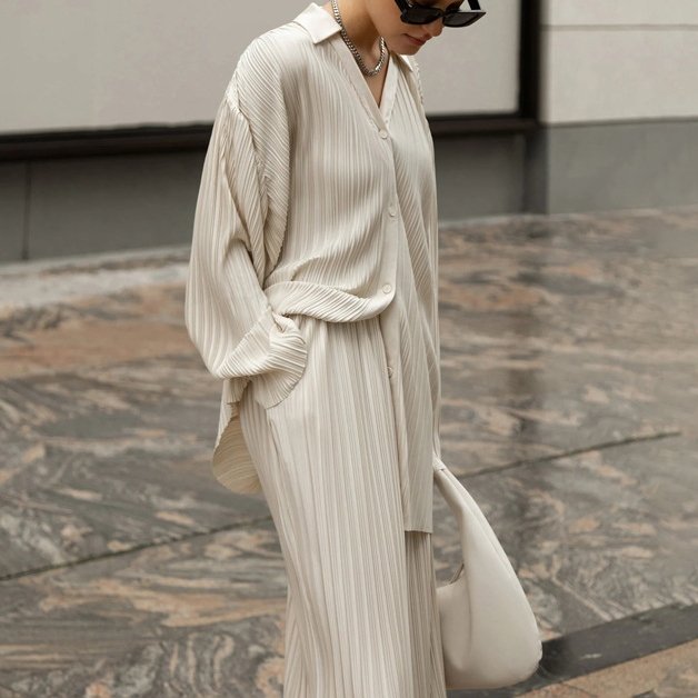 Loose Custom Wrinkles Women's Clothing Casual Two Piece Set Long Sleeve Long Pant Set Outfits Pleated Women's Sets