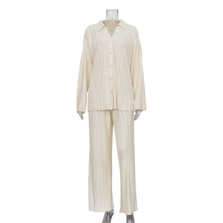 Loose Custom Wrinkles Women's Clothing Casual Two Piece Set Long Sleeve Long Pant Set Outfits Pleated Women's Sets