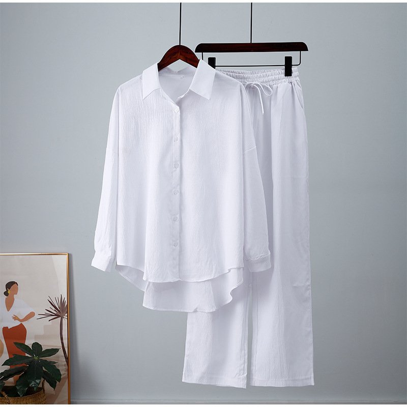 Fashion Europe and the United States style summer fashion loose long-sleeved shirt wide-leg trousers casual suit two-piece set