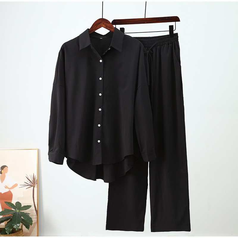 Fashion Europe and the United States style summer fashion loose long-sleeved shirt wide-leg trousers casual suit two-piece set